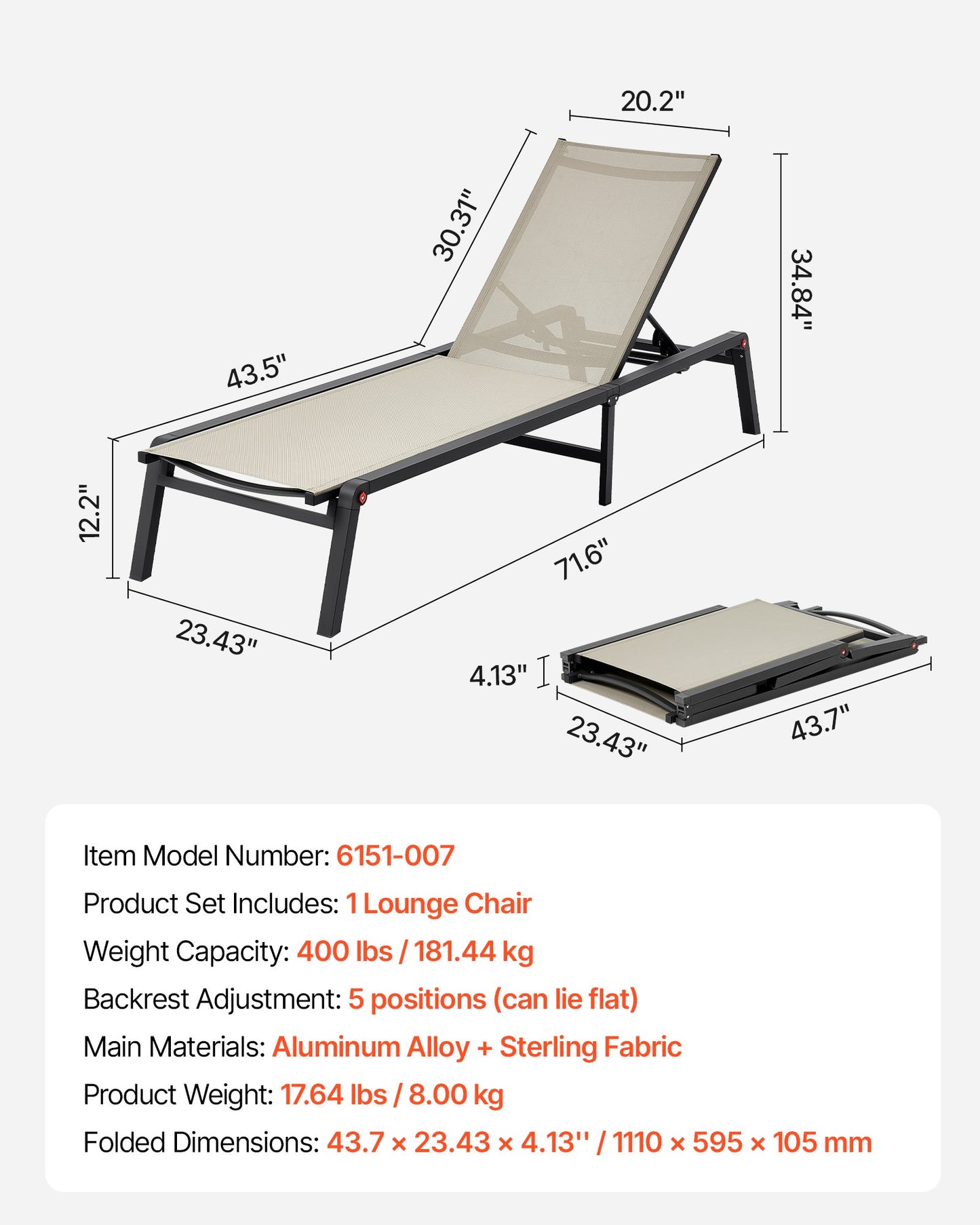 Outdoor Chaise Lounge Chair, 181 kg Weight Capacity, Foldable Sun Tanning Chair, 5 Adjustable Positions, Easy Assembly, Heavy Duty Aluminum Pool Recliner Lounge Chairs, for Beach Yard Patio