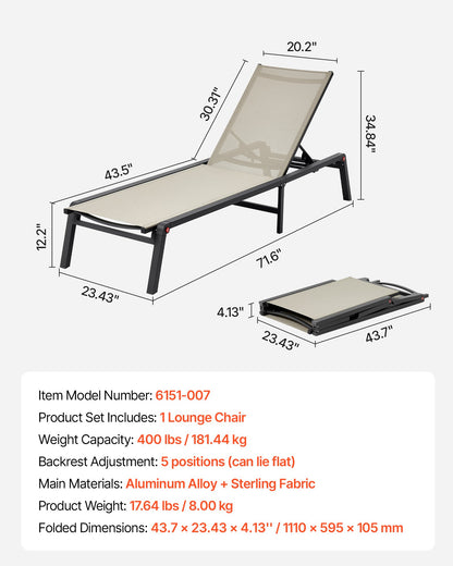 Outdoor Chaise Lounge Chair, 181 kg Weight Capacity, Foldable Sun Tanning Chair, 5 Adjustable Positions, Easy Assembly, Heavy Duty Aluminum Pool Recliner Lounge Chairs, for Beach Yard Patio