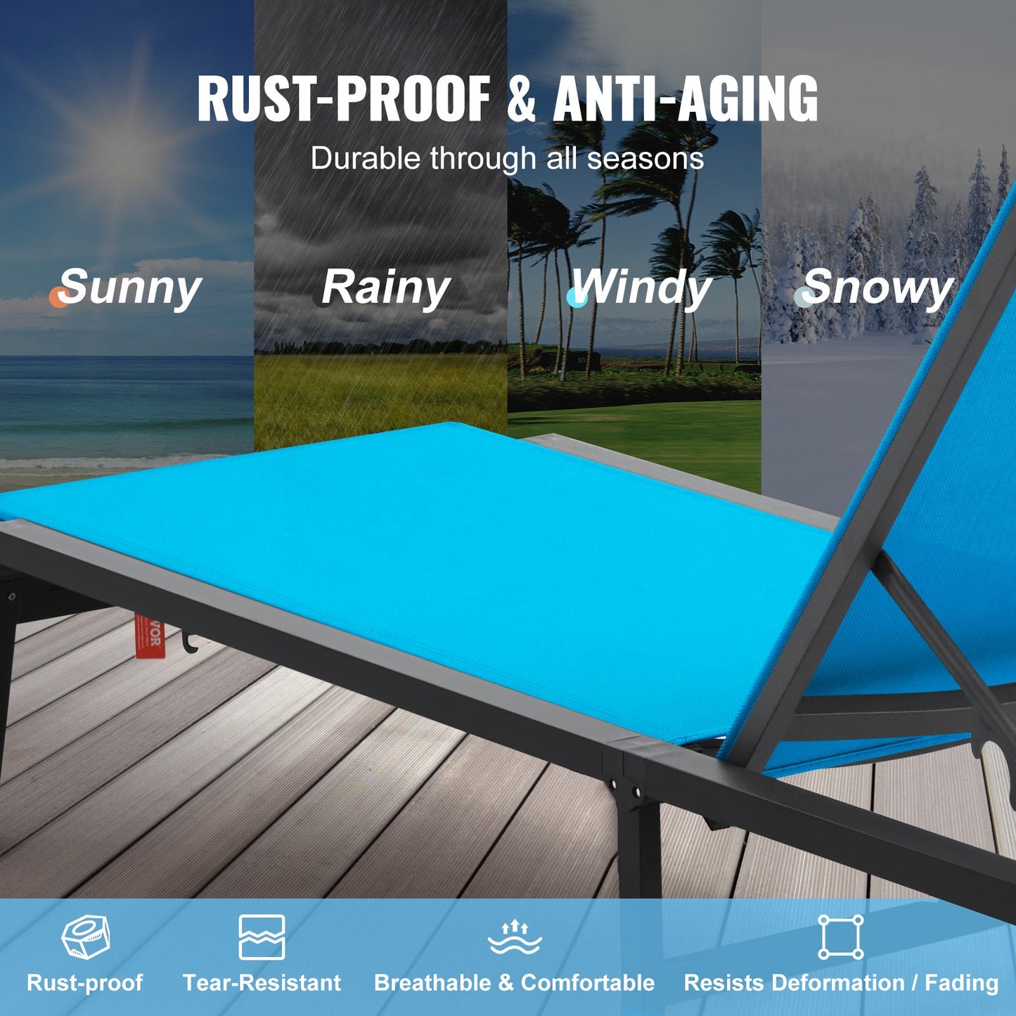 Chaise Lounge Chair Outdoor, Aluminum Patio Lounge Chair with Adjustable 5-Position, Folding Pool Lounge Chair Recliner and Full Flat Tanning Chair for Patio, Beach, Pool, Blue