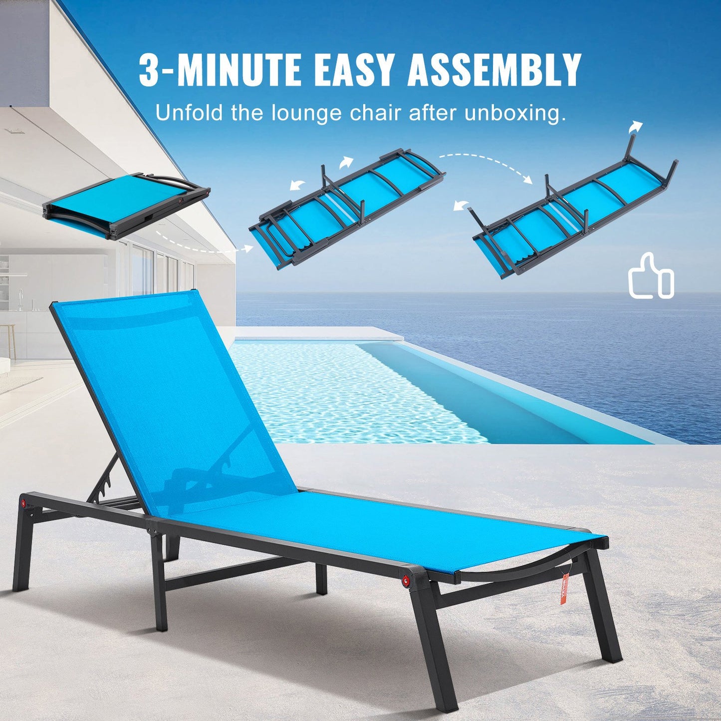 Chaise Lounge Chair Outdoor, Aluminum Patio Lounge Chair with Adjustable 5-Position, Folding Pool Lounge Chair Recliner and Full Flat Tanning Chair for Patio, Beach, Pool, Blue