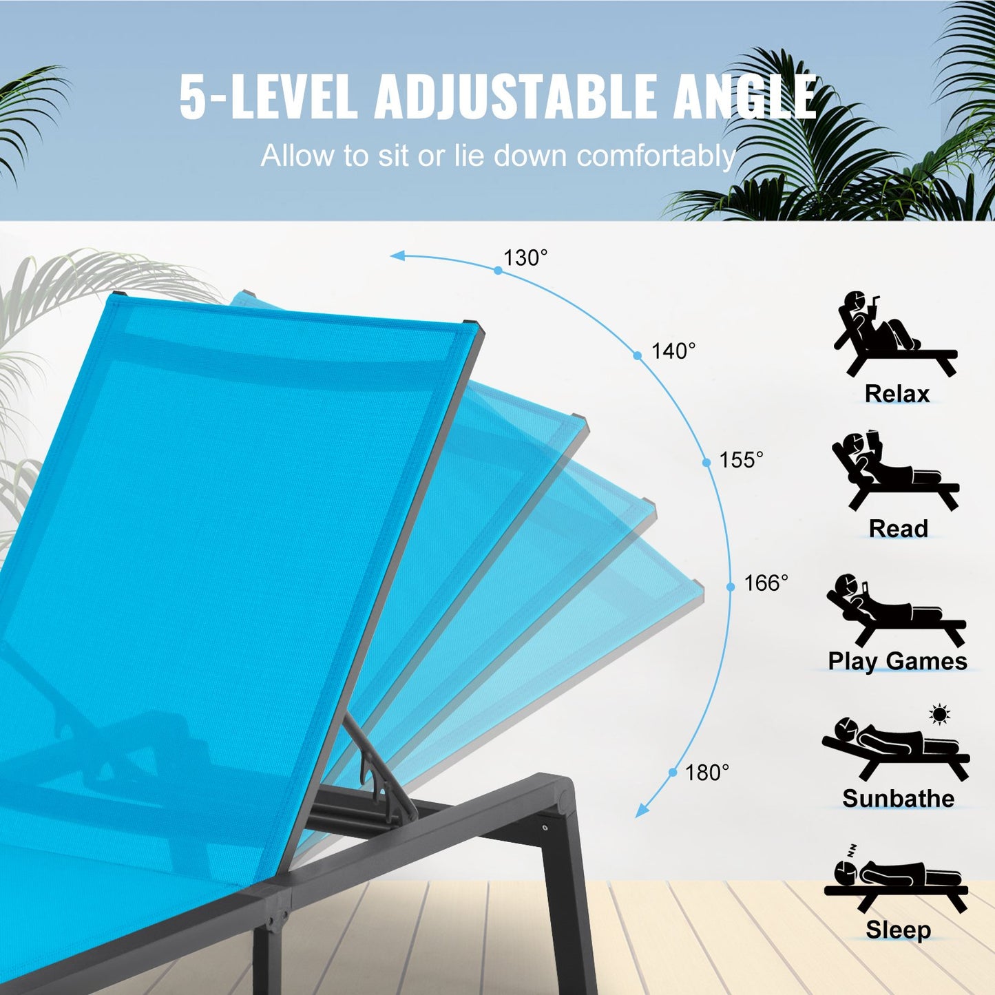 Chaise Lounge Chair Outdoor, Aluminum Patio Lounge Chair with Adjustable 5-Position, Folding Pool Lounge Chair Recliner and Full Flat Tanning Chair for Patio, Beach, Pool, Blue