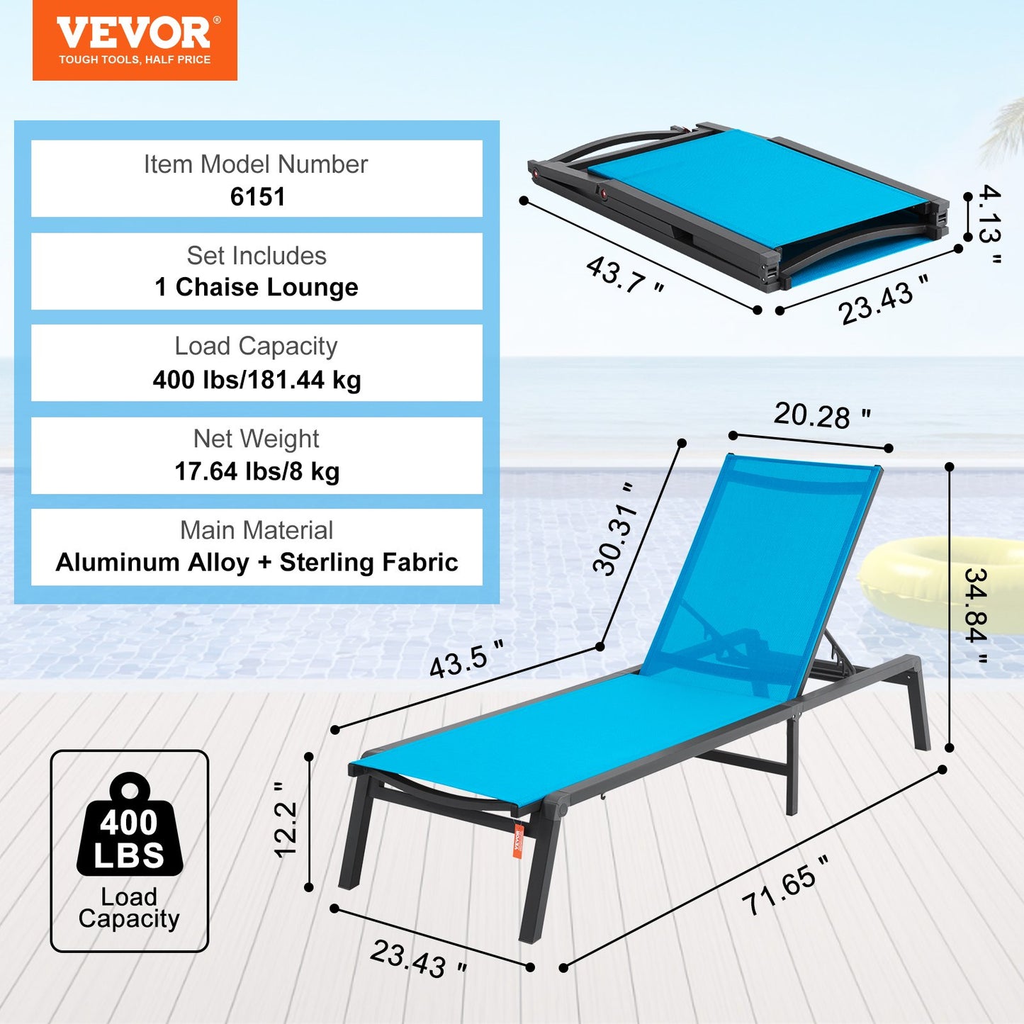 Chaise Lounge Chair Outdoor, Aluminum Patio Lounge Chair with Adjustable 5-Position, Folding Pool Lounge Chair Recliner and Full Flat Tanning Chair for Patio, Beach, Pool, Blue