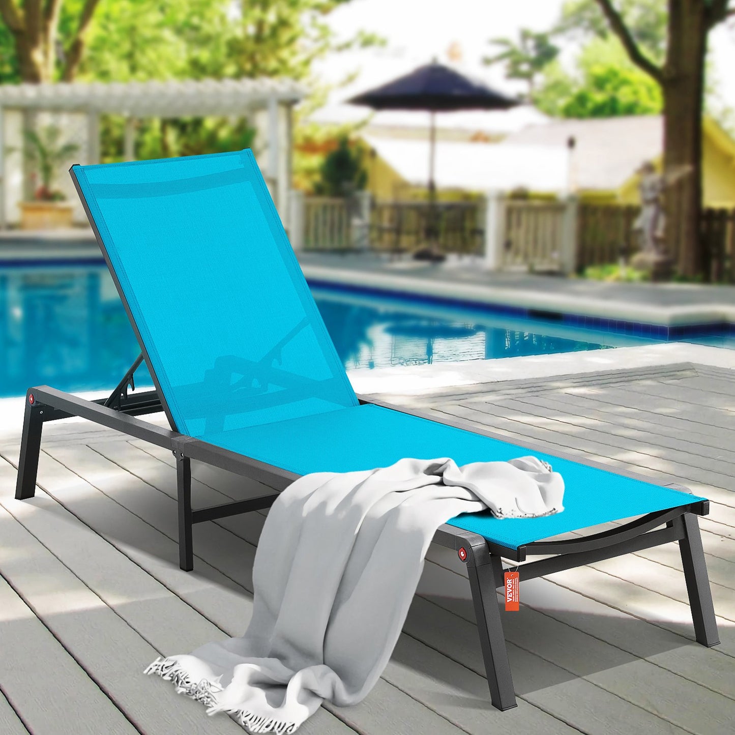 Chaise Lounge Chair Outdoor, Aluminum Patio Lounge Chair with Adjustable 5-Position, Folding Pool Lounge Chair Recliner and Full Flat Tanning Chair for Patio, Beach, Pool, Blue