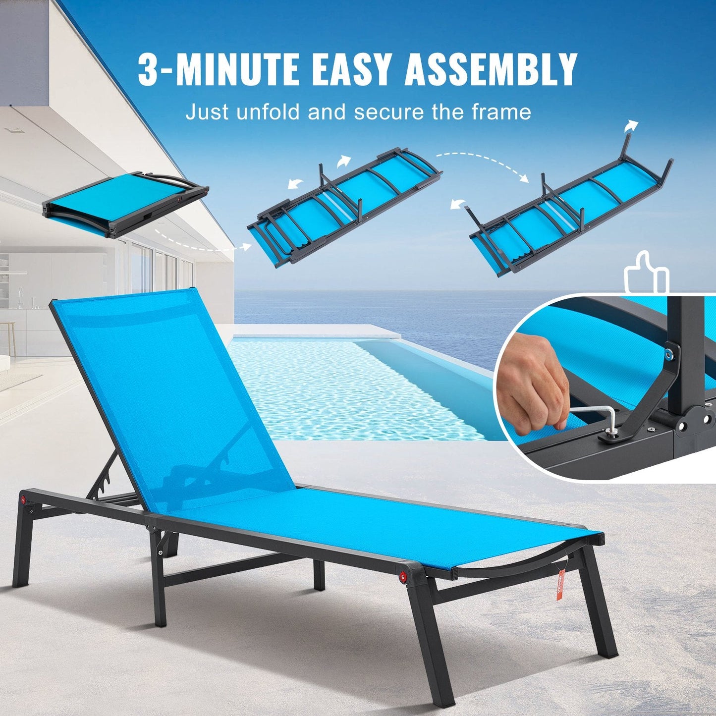 Adjustable Outdoor Patio Chaise Lounge Set of 2, Foldable and Portable, 181kg Capacity