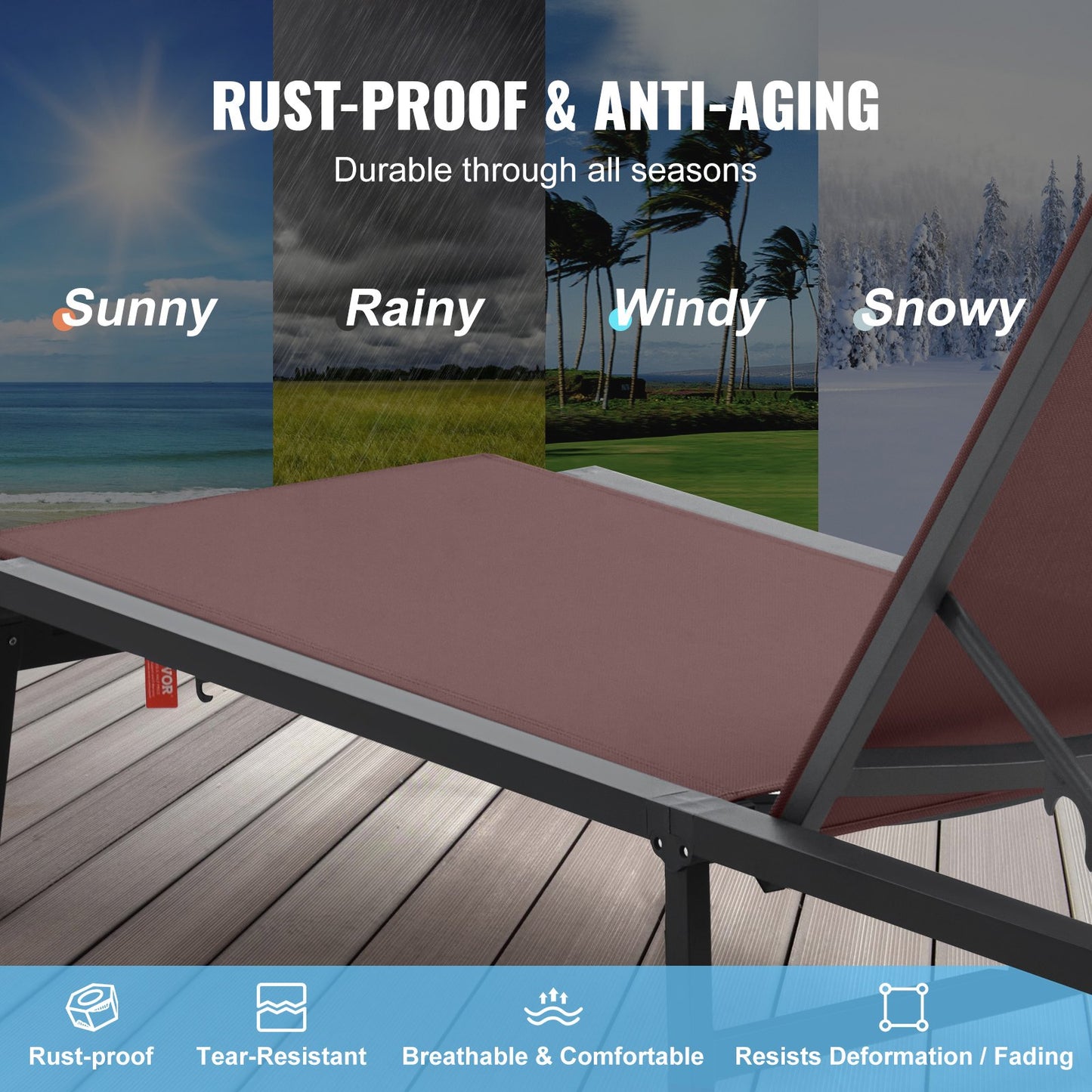 Chaise Lounge Chairs Outdoor, Aluminum Patio Lounge Chairs with Adjustable 5-Position, Folding Pool Lounge Chairs Recliner and Full Flat Tanning Chairs for Patio, Beach, Pool, Brown, 2 pcs