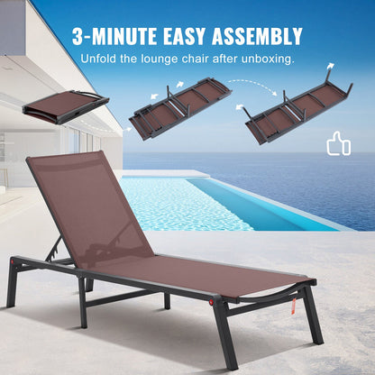Chaise Lounge Chairs Outdoor, Aluminum Patio Lounge Chairs with Adjustable 5-Position, Folding Pool Lounge Chairs Recliner and Full Flat Tanning Chairs for Patio, Beach, Pool, Brown, 2 pcs