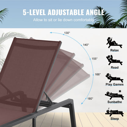 Chaise Lounge Chairs Outdoor, Aluminum Patio Lounge Chairs with Adjustable 5-Position, Folding Pool Lounge Chairs Recliner and Full Flat Tanning Chairs for Patio, Beach, Pool, Brown, 2 pcs