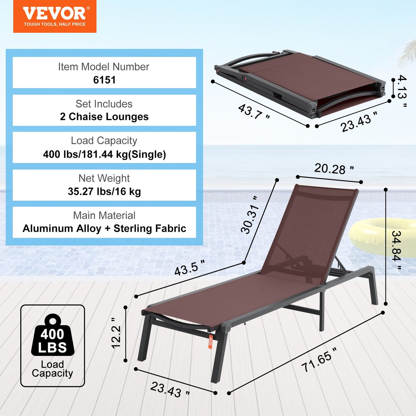 Chaise Lounge Chairs Outdoor, Aluminum Patio Lounge Chairs with Adjustable 5-Position, Folding Pool Lounge Chairs Recliner and Full Flat Tanning Chairs for Patio, Beach, Pool, Brown, 2 pcs