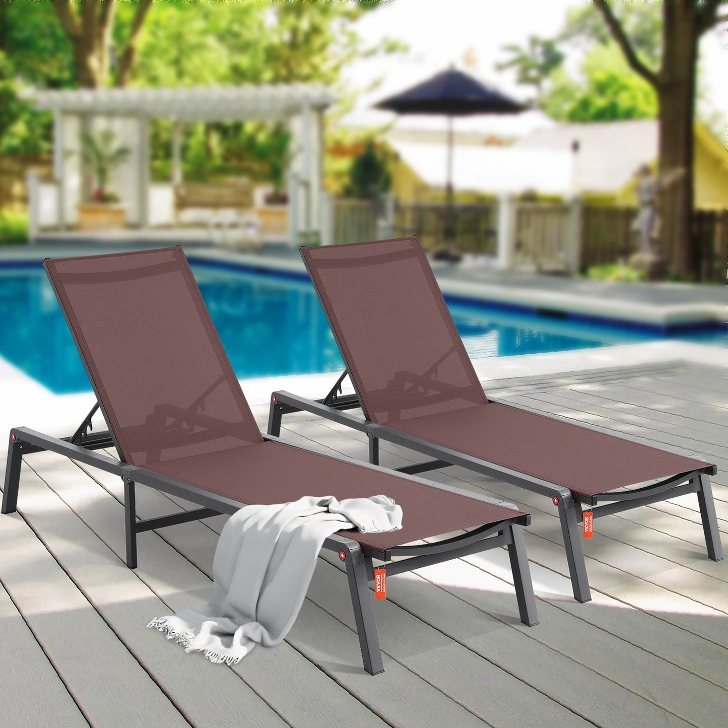 Chaise Lounge Chairs Outdoor, Aluminum Patio Lounge Chairs with Adjustable 5-Position, Folding Pool Lounge Chairs Recliner and Full Flat Tanning Chairs for Patio, Beach, Pool, Brown, 2 pcs