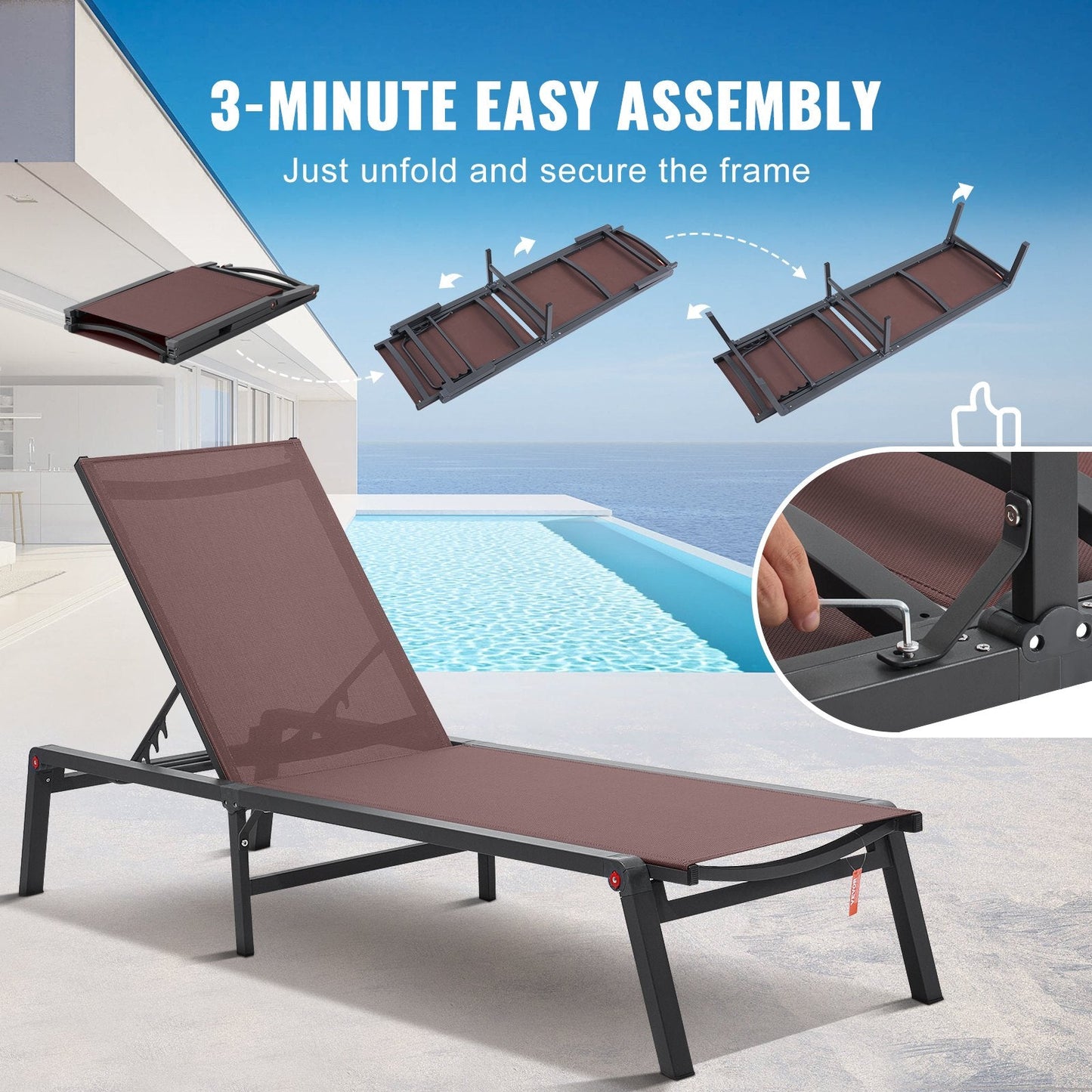 Adjustable 5-Position Outdoor Chaise Lounge, Foldable & Portable, 181 kg Capacity