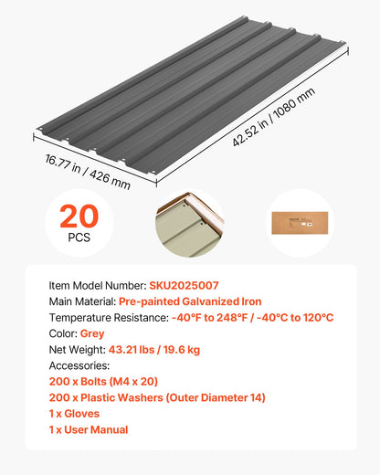 Metal Roof Panels, 20Pcs 9.2 sq.m Galvanized Steel Roofing Panels, High Impact Corrugated Tin Gazebo Top with Screws, Gloves, Heavy Duty for Gazebos, Chicken Coop Sheds Stables Patio, Gray