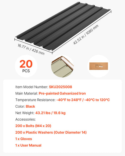 Metal Roof Panels, 20Pcs 9.2 sq.m Galvanized Steel Roofing Panels, High Impact Corrugated Tin Gazebo Top with Screws, Gloves, Heavy Duty for Gazebos, Chicken Coop Sheds Stables Patio, Black
