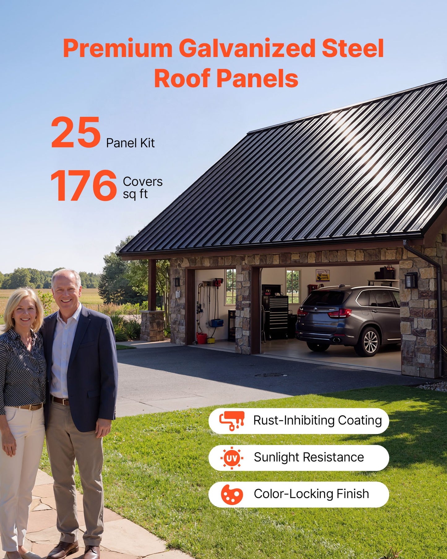 Metal Roof Panels, 25Pcs 16.35 sq.m Galvanized Steel Roofing Panels, High Impact Corrugated Tin Gazebo Top with Screws, Gloves, Heavy Duty for Gazebos, Chicken Coop Sheds Stables Patio, Black