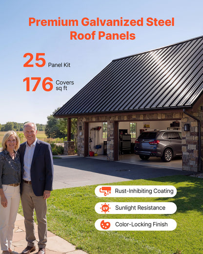 Metal Roof Panels, 25Pcs 16.35 sq.m Galvanized Steel Roofing Panels, High Impact Corrugated Tin Gazebo Top with Screws, Gloves, Heavy Duty for Gazebos, Chicken Coop Sheds Stables Patio, Black