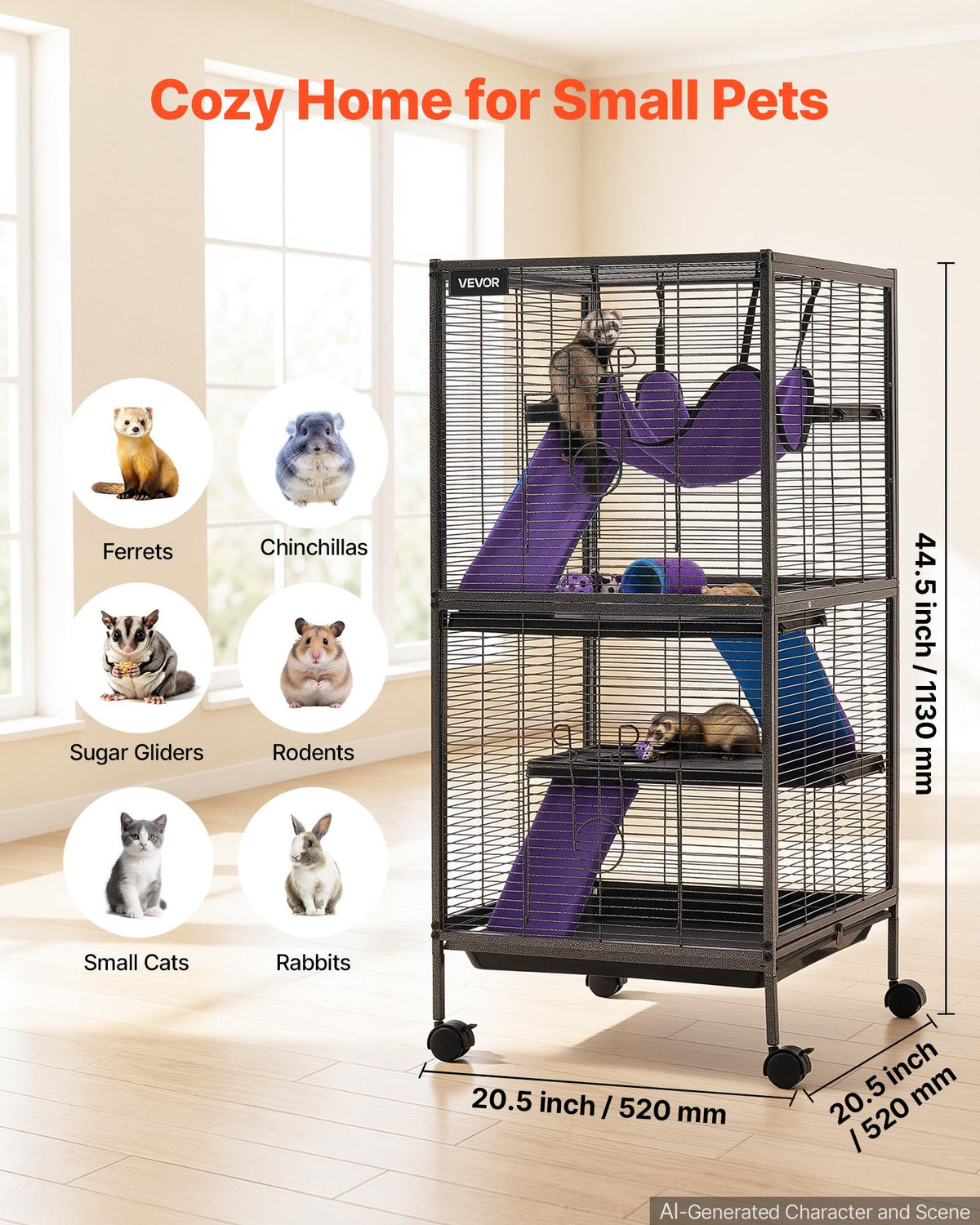 Metal Small Animal Cage 113 cm 4-Tier Rolling Ferret Cage On Wheels, 13.97 mm Wire Spacing Large Cages with Hammock, Ramps, Tray & Doors for Ferret, Chinchilla, Sugar Glider, Guinea Pig, Rabbit