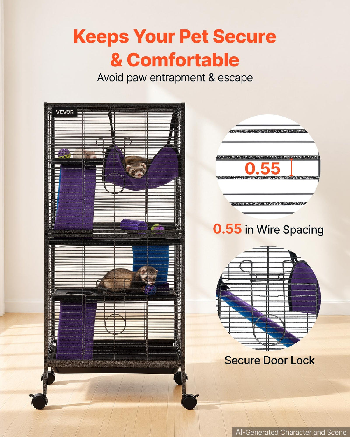Metal Small Animal Cage 113 cm 4-Tier Rolling Ferret Cage On Wheels, 13.97 mm Wire Spacing Large Cages with Hammock, Ramps, Tray & Doors for Ferret, Chinchilla, Sugar Glider, Guinea Pig, Rabbit