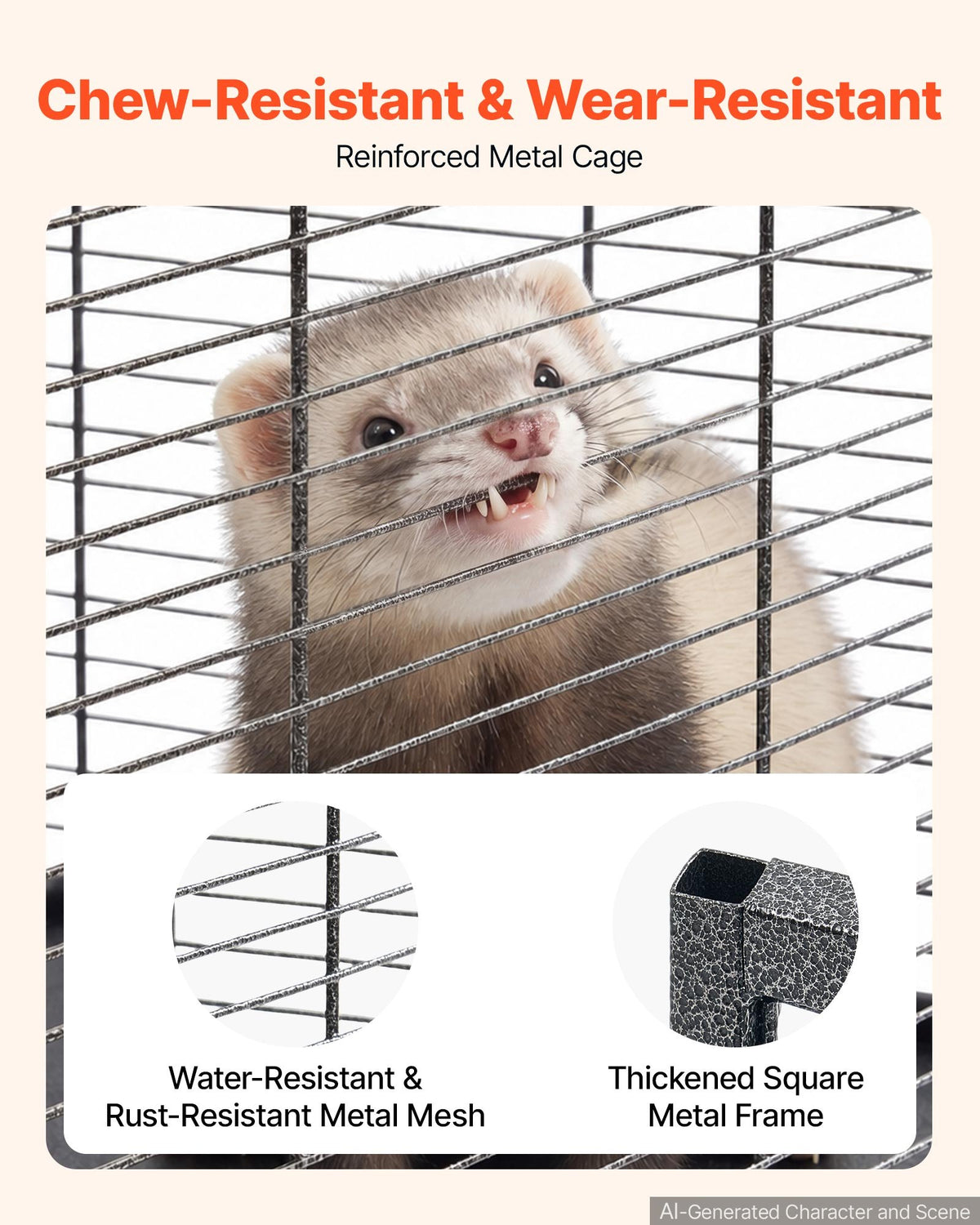 Metal Small Animal Cage 113 cm 4-Tier Rolling Ferret Cage On Wheels, 13.97 mm Wire Spacing Large Cages with Hammock, Ramps, Tray & Doors for Ferret, Chinchilla, Sugar Glider, Guinea Pig, Rabbit