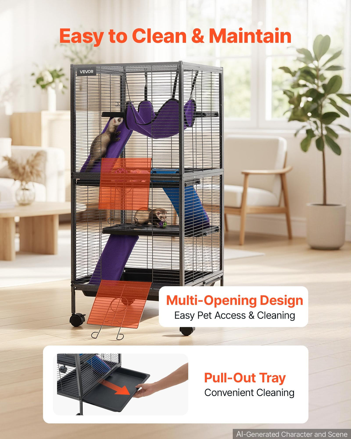 Metal Small Animal Cage 113 cm 4-Tier Rolling Ferret Cage On Wheels, 13.97 mm Wire Spacing Large Cages with Hammock, Ramps, Tray & Doors for Ferret, Chinchilla, Sugar Glider, Guinea Pig, Rabbit