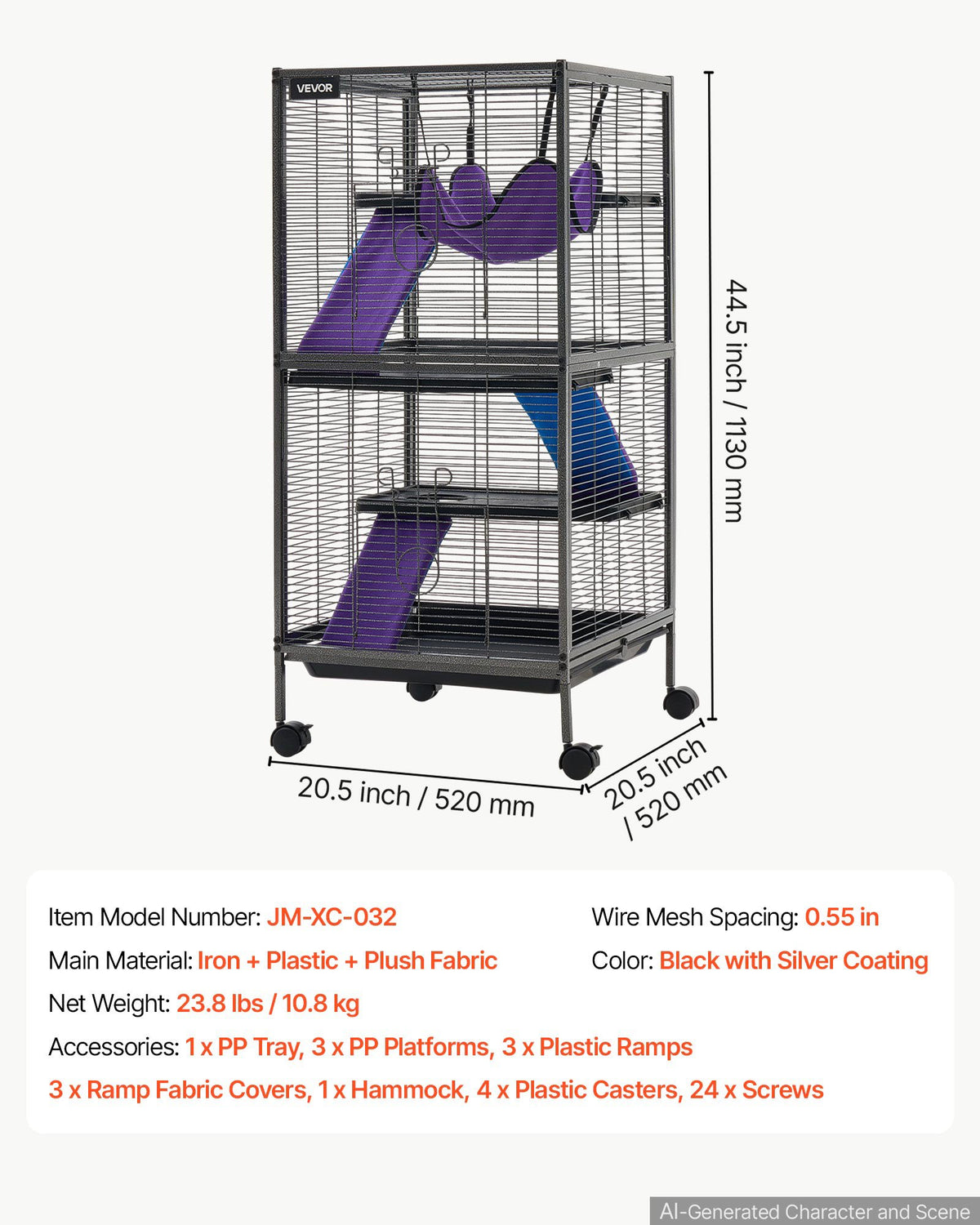 Metal Small Animal Cage 113 cm 4-Tier Rolling Ferret Cage On Wheels, 13.97 mm Wire Spacing Large Cages with Hammock, Ramps, Tray & Doors for Ferret, Chinchilla, Sugar Glider, Guinea Pig, Rabbit