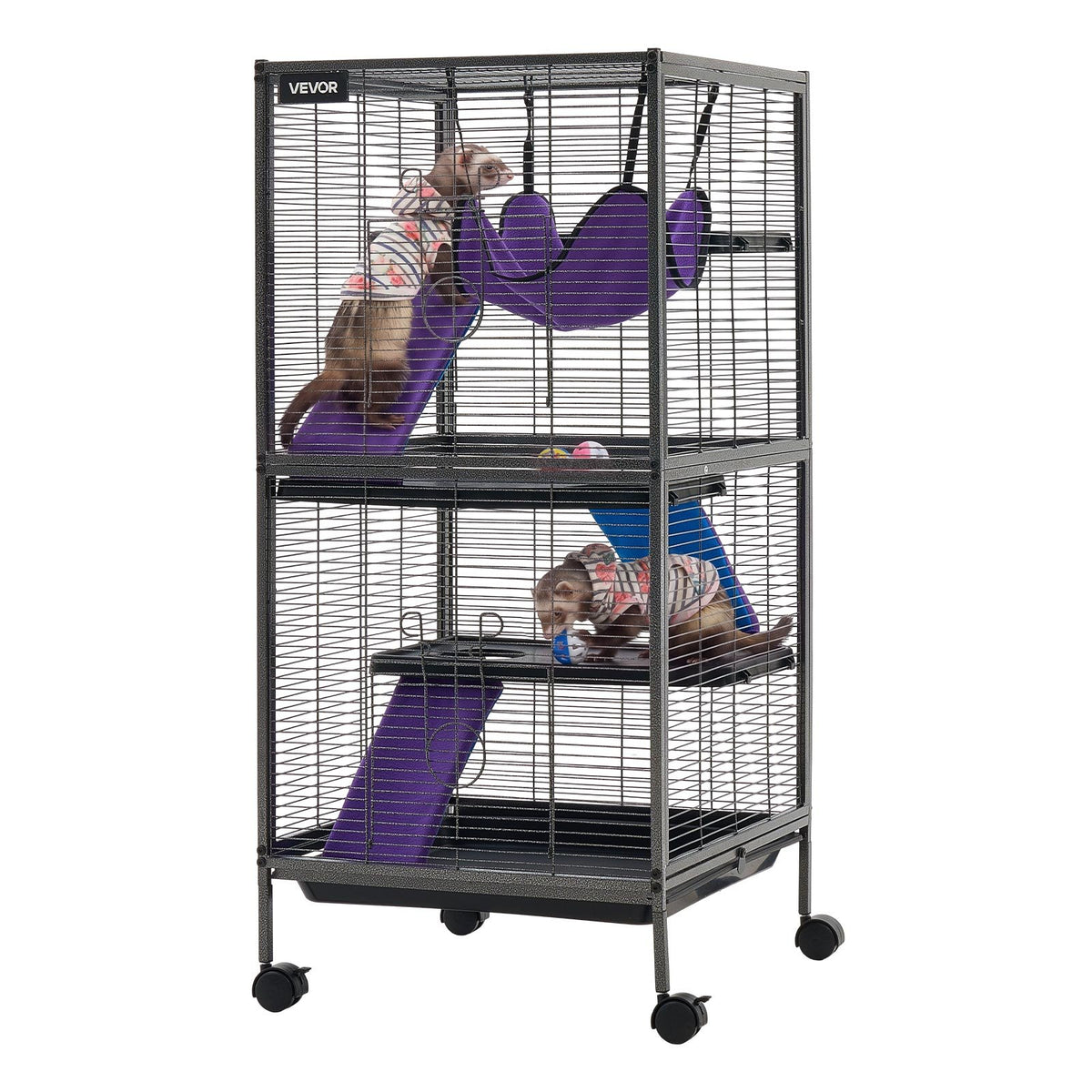 Metal Small Animal Cage 113 cm 4-Tier Rolling Ferret Cage On Wheels, 13.97 mm Wire Spacing Large Cages with Hammock, Ramps, Tray & Doors for Ferret, Chinchilla, Sugar Glider, Guinea Pig, Rabbit