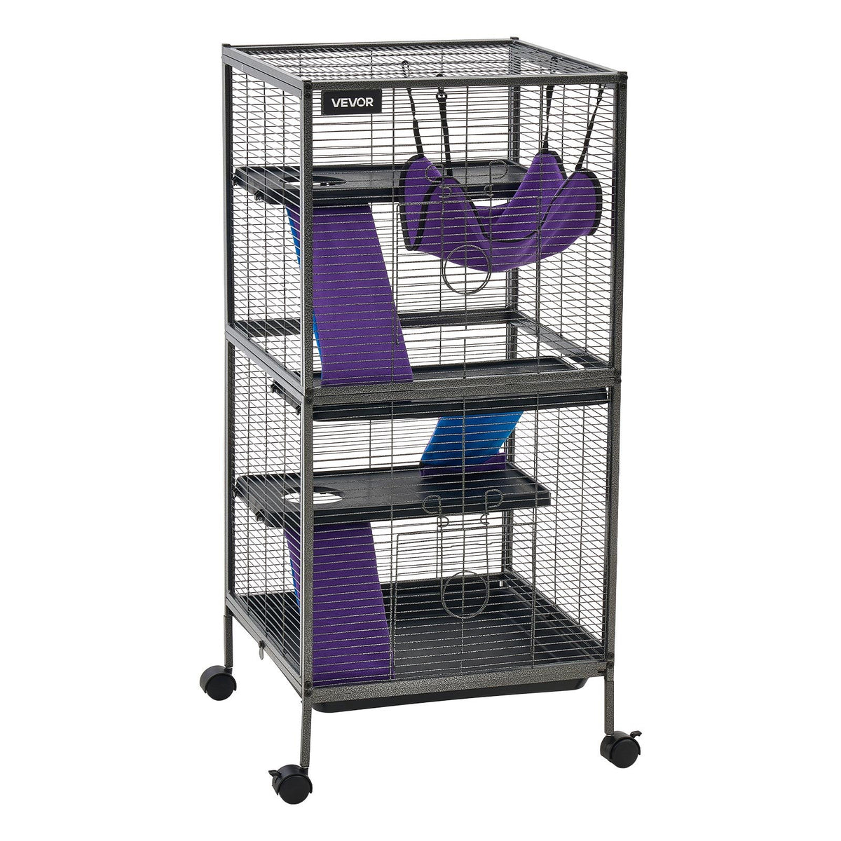 Metal Small Animal Cage 113 cm 4-Tier Rolling Ferret Cage On Wheels, 13.97 mm Wire Spacing Large Cages with Hammock, Ramps, Tray & Doors for Ferret, Chinchilla, Sugar Glider, Guinea Pig, Rabbit