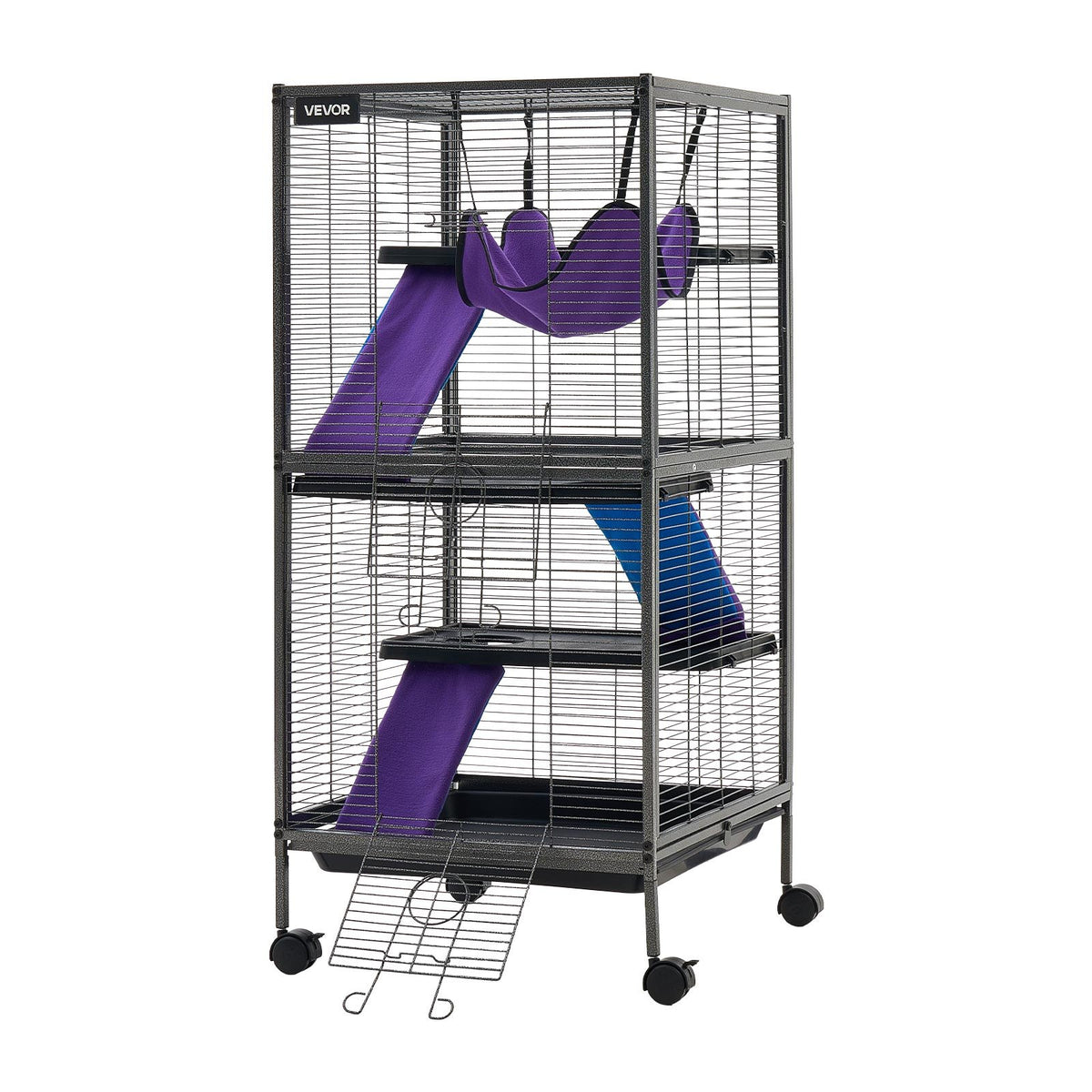 Metal Small Animal Cage 113 cm 4-Tier Rolling Ferret Cage On Wheels, 13.97 mm Wire Spacing Large Cages with Hammock, Ramps, Tray & Doors for Ferret, Chinchilla, Sugar Glider, Guinea Pig, Rabbit