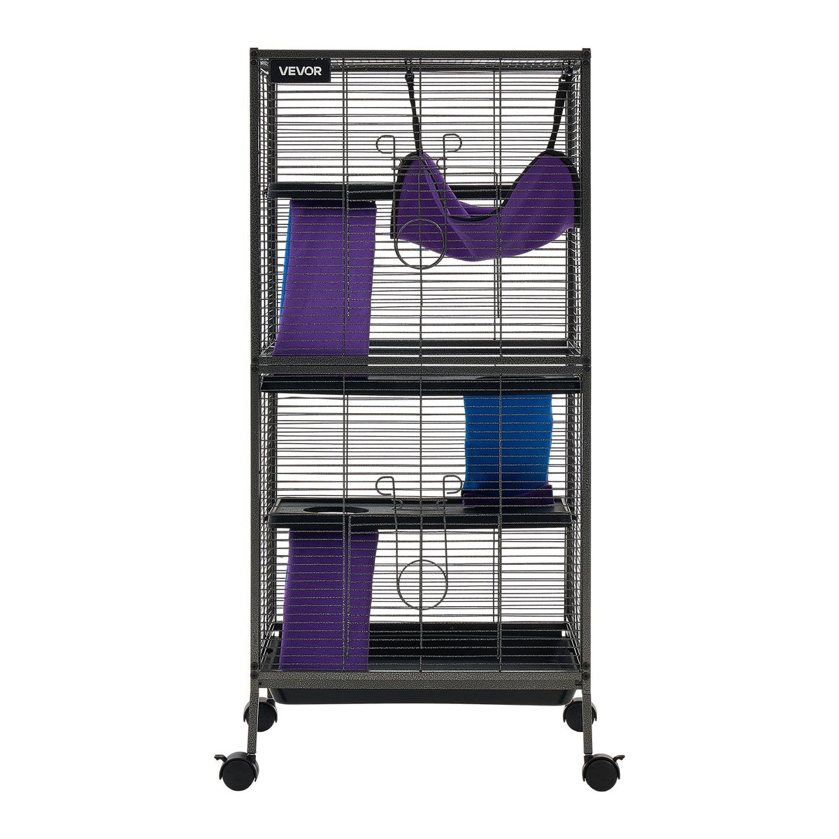 Metal Small Animal Cage 113 cm 4-Tier Rolling Ferret Cage On Wheels, 13.97 mm Wire Spacing Large Cages with Hammock, Ramps, Tray & Doors for Ferret, Chinchilla, Sugar Glider, Guinea Pig, Rabbit