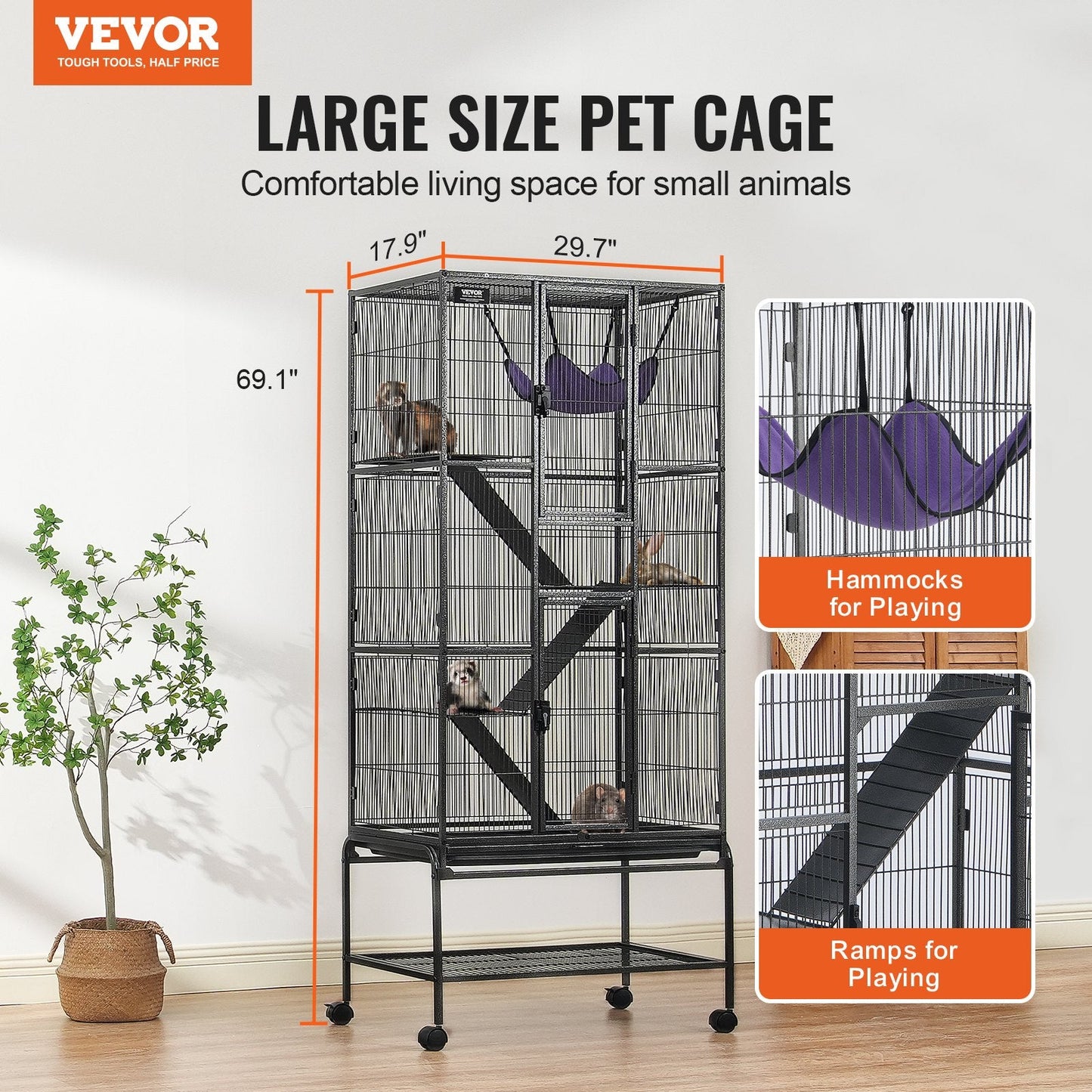 4-Tier Rolling Metal Cage for Small Animals with Tray and Ramps, 1.75m Tall
