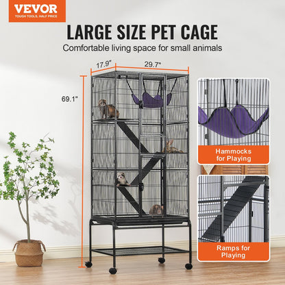 4-Tier Rolling Metal Cage for Small Animals with Tray and Ramps, 1.75m Tall