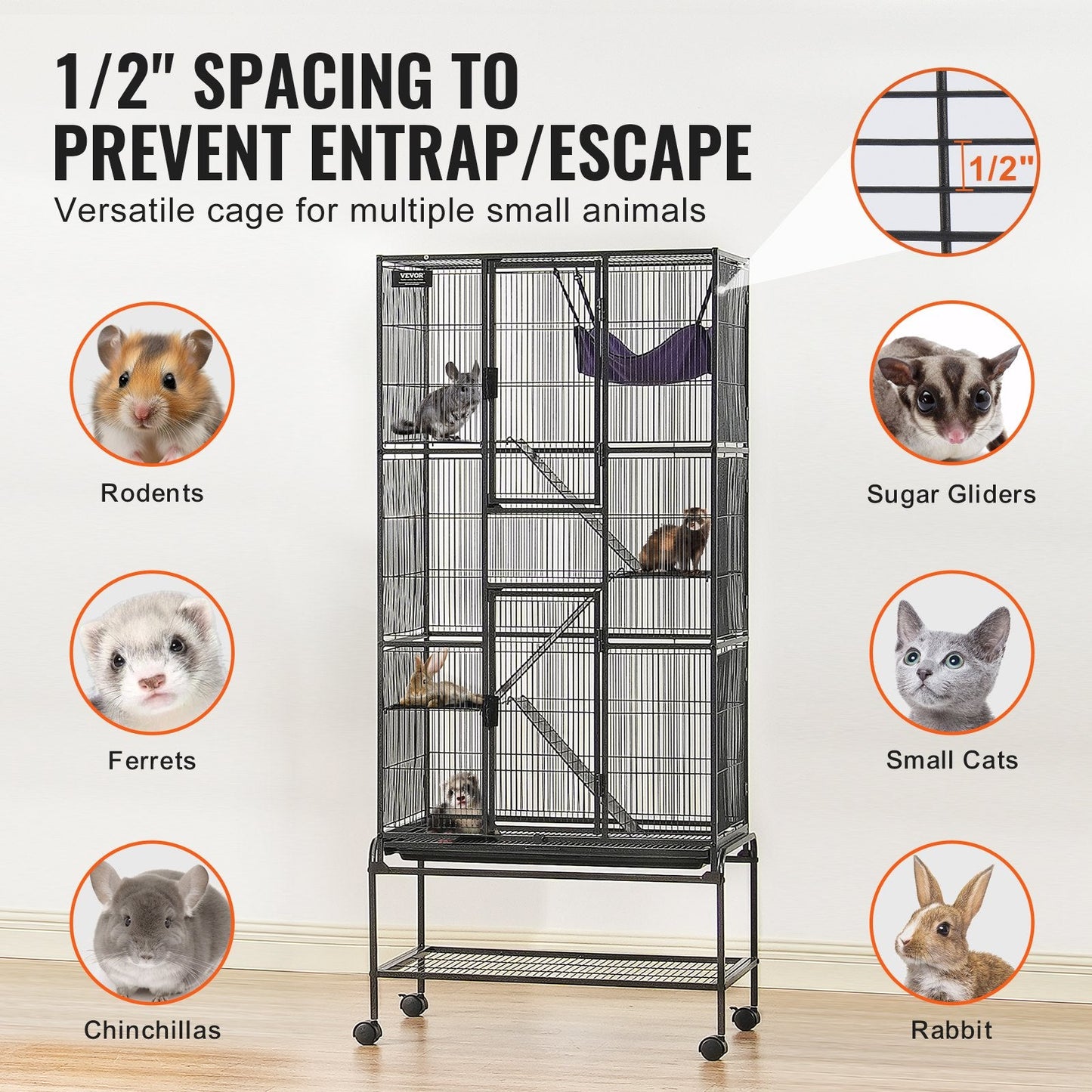 4-Tier Rolling Metal Cage for Small Animals with Tray and Ramps, 1.75m Tall