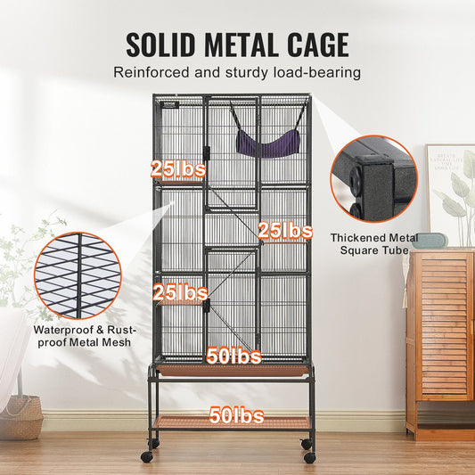 4-Tier Rolling Metal Cage for Small Animals with Tray and Ramps, 1.75m Tall