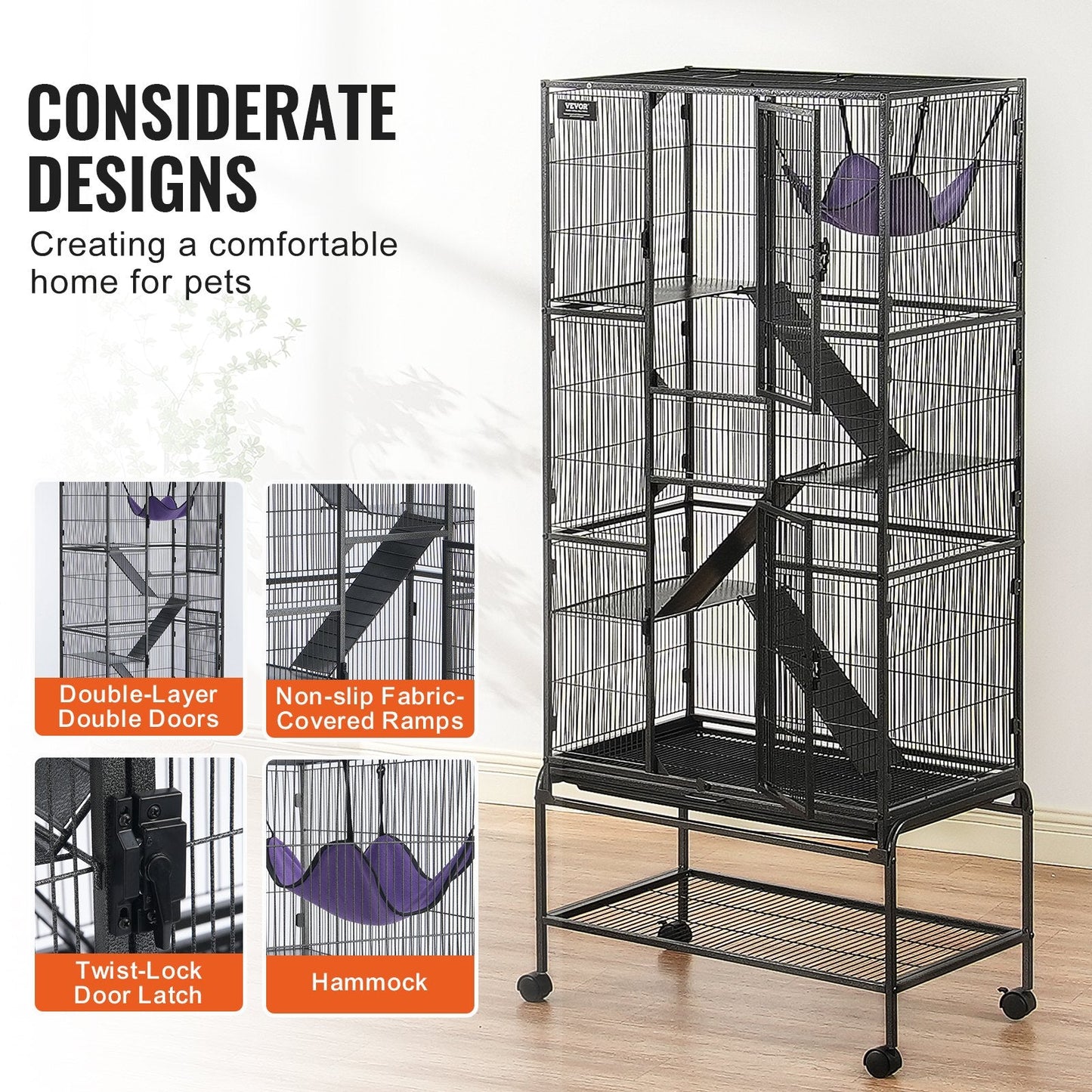 4-Tier Rolling Metal Cage for Small Animals with Tray and Ramps, 1.75m Tall