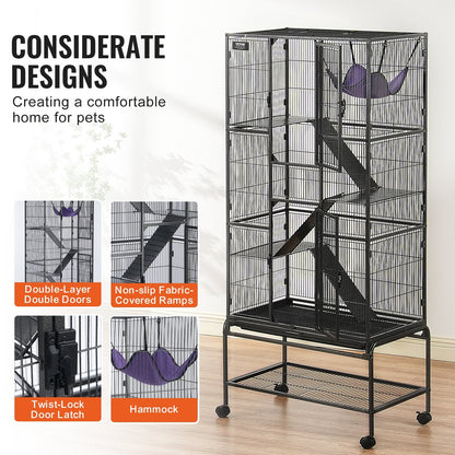 4-Tier Rolling Metal Cage for Small Animals with Tray and Ramps, 1.75m Tall