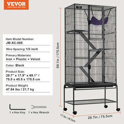4-Tier Rolling Metal Cage for Small Animals with Tray and Ramps, 1.75m Tall