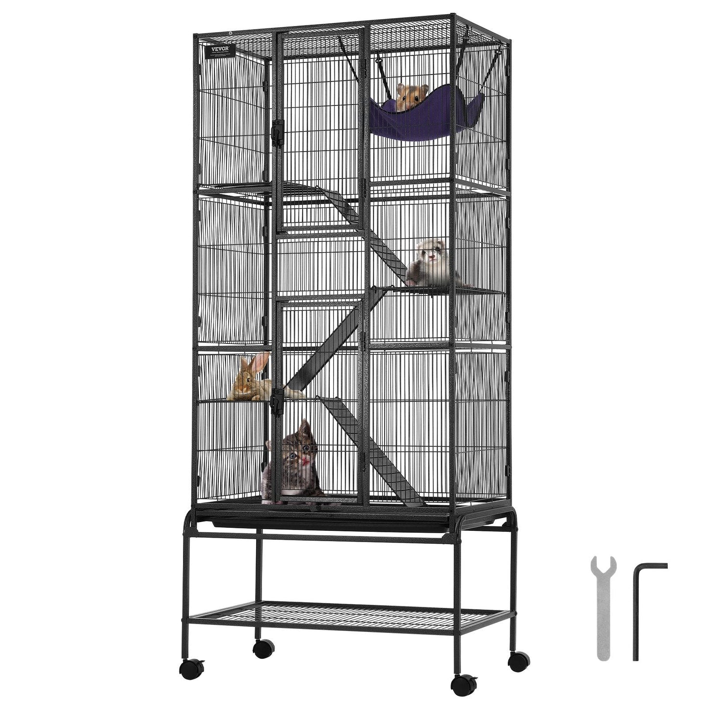 4-Tier Rolling Metal Cage for Small Animals with Tray and Ramps, 1.75m Tall