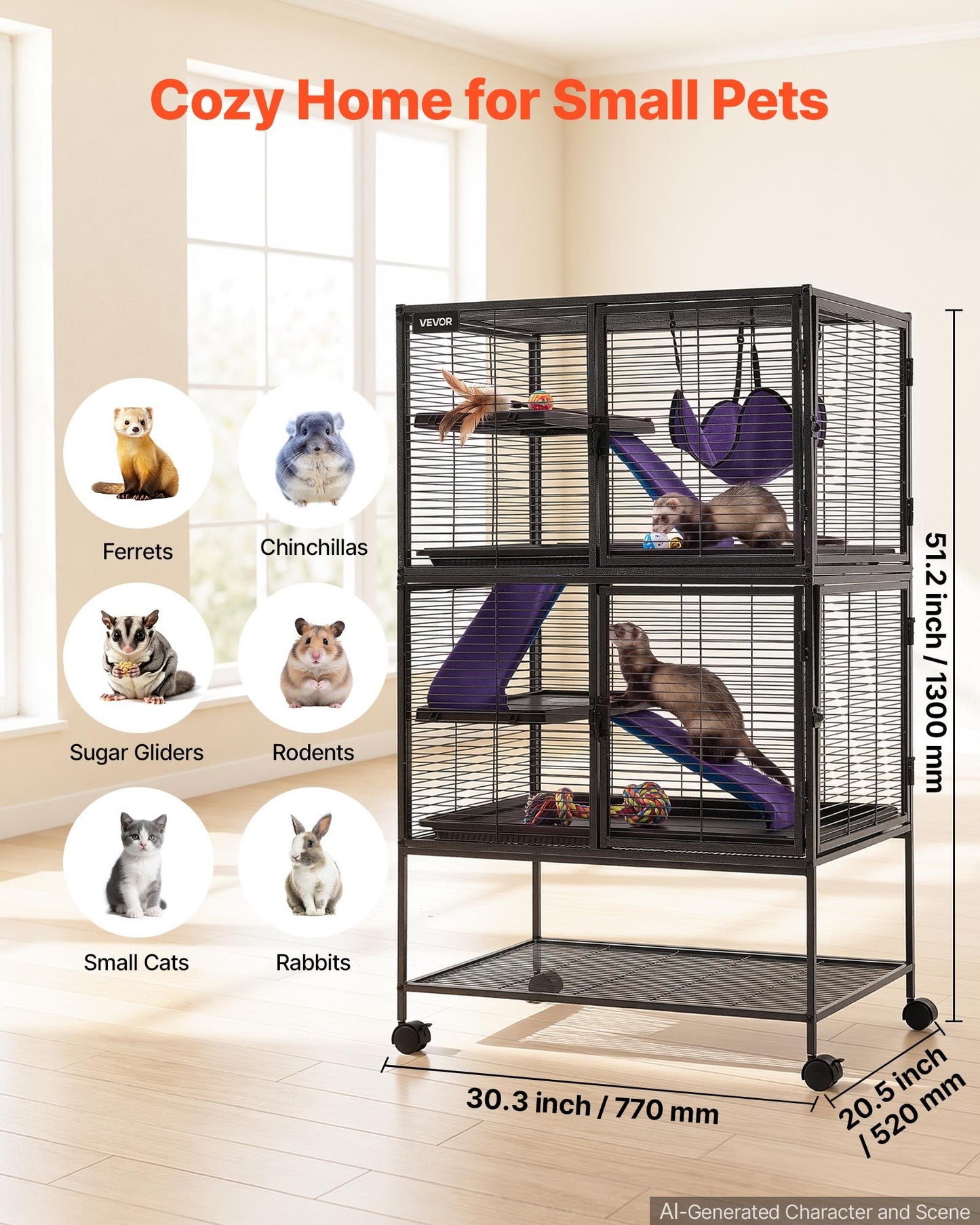 Metal Small Animal Cage 130 cm 4-Tier Rolling Ferret Cage On Wheels, 13.97 mm Wire Spacing Large Cages with Hammock, Ramps, Tray & Doors for Ferret, Chinchilla, Sugar Glider, Guinea Pig, Rabbit