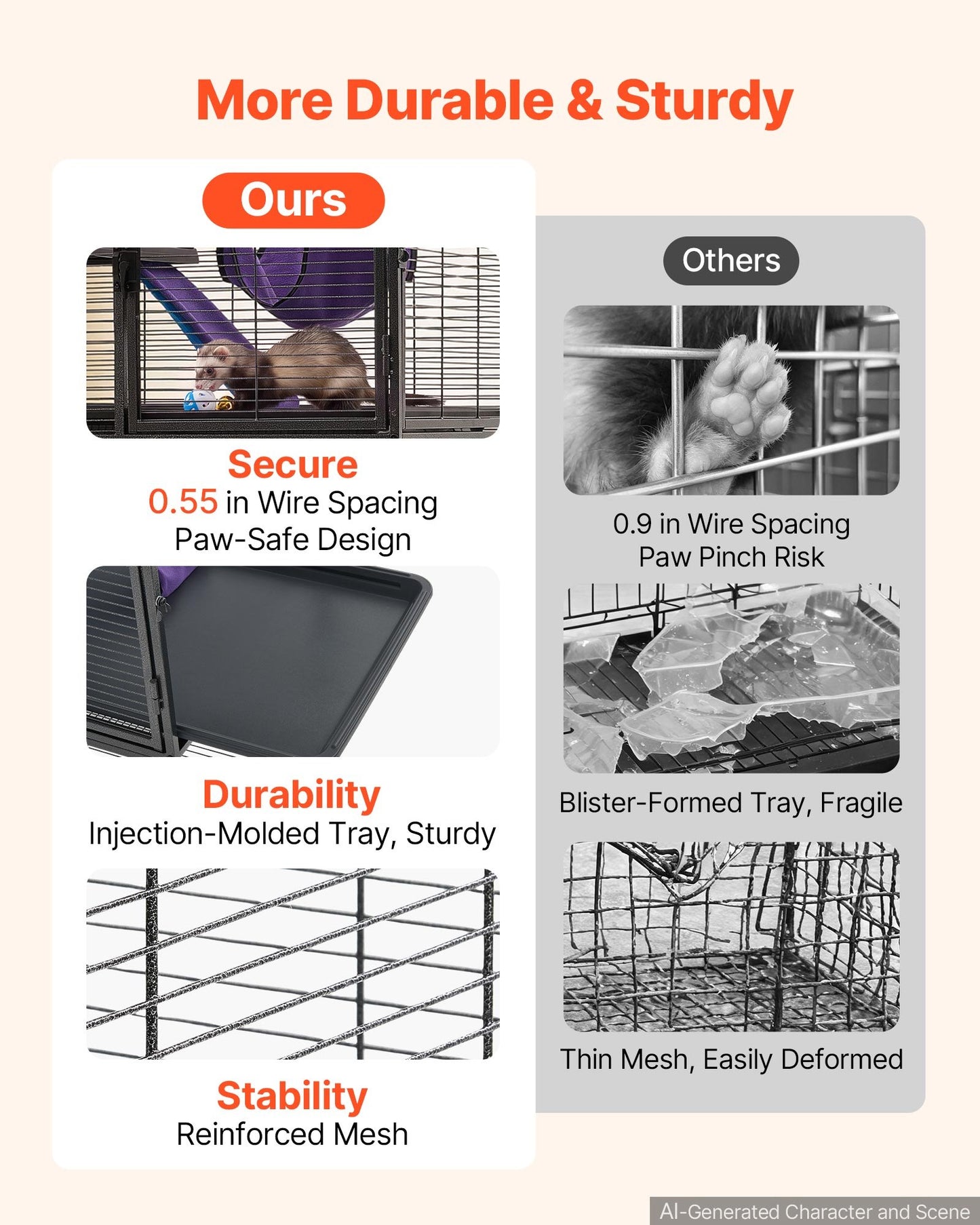 Metal Small Animal Cage 130 cm 4-Tier Rolling Ferret Cage On Wheels, 13.97 mm Wire Spacing Large Cages with Hammock, Ramps, Tray & Doors for Ferret, Chinchilla, Sugar Glider, Guinea Pig, Rabbit
