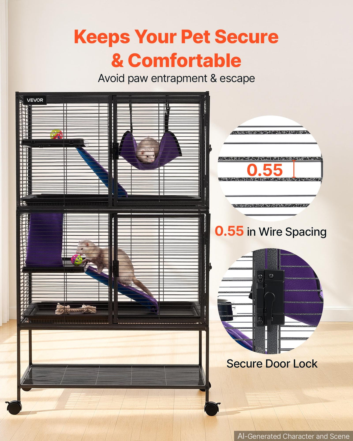 Metal Small Animal Cage 130 cm 4-Tier Rolling Ferret Cage On Wheels, 13.97 mm Wire Spacing Large Cages with Hammock, Ramps, Tray & Doors for Ferret, Chinchilla, Sugar Glider, Guinea Pig, Rabbit
