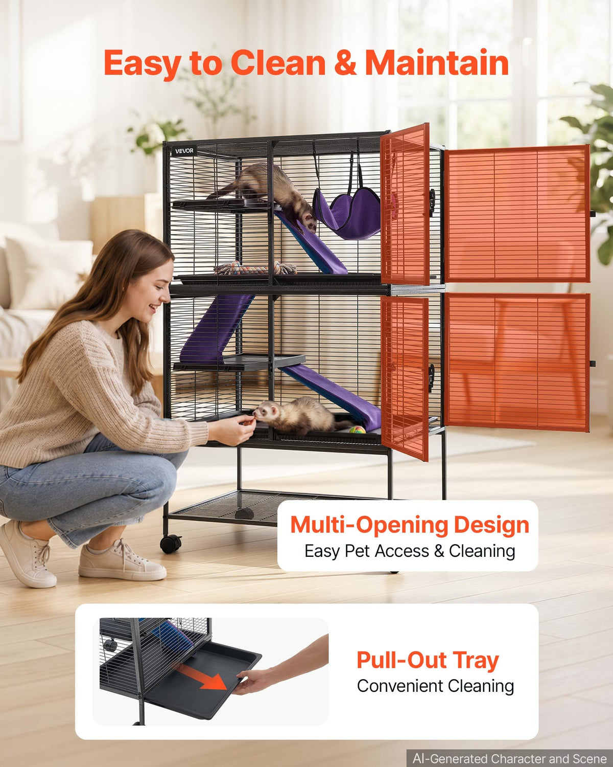 Metal Small Animal Cage 130 cm 4-Tier Rolling Ferret Cage On Wheels, 13.97 mm Wire Spacing Large Cages with Hammock, Ramps, Tray & Doors for Ferret, Chinchilla, Sugar Glider, Guinea Pig, Rabbit