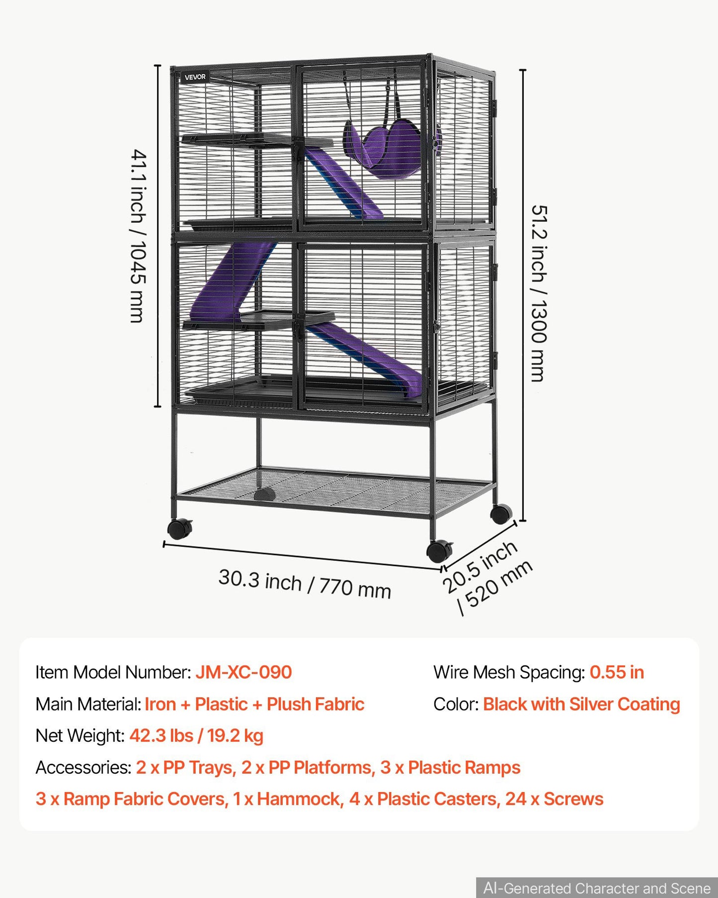 Metal Small Animal Cage 130 cm 4-Tier Rolling Ferret Cage On Wheels, 13.97 mm Wire Spacing Large Cages with Hammock, Ramps, Tray & Doors for Ferret, Chinchilla, Sugar Glider, Guinea Pig, Rabbit
