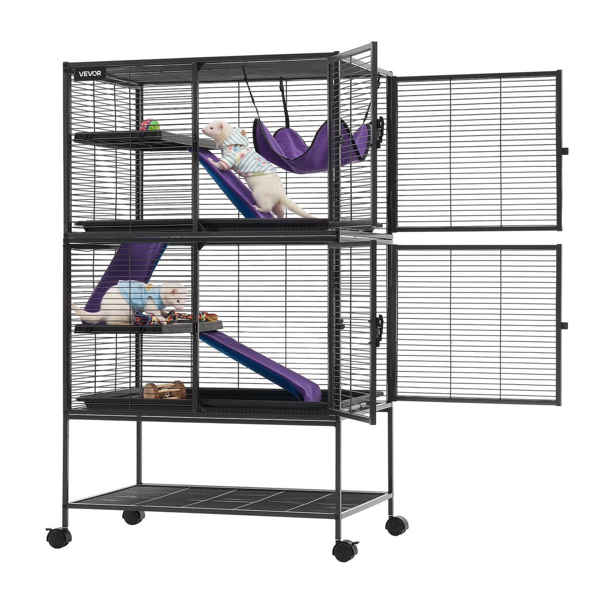 Metal Small Animal Cage 130 cm 4-Tier Rolling Ferret Cage On Wheels, 13.97 mm Wire Spacing Large Cages with Hammock, Ramps, Tray & Doors for Ferret, Chinchilla, Sugar Glider, Guinea Pig, Rabbit