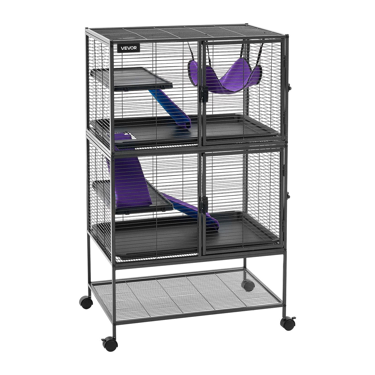 Metal Small Animal Cage 130 cm 4-Tier Rolling Ferret Cage On Wheels, 13.97 mm Wire Spacing Large Cages with Hammock, Ramps, Tray & Doors for Ferret, Chinchilla, Sugar Glider, Guinea Pig, Rabbit