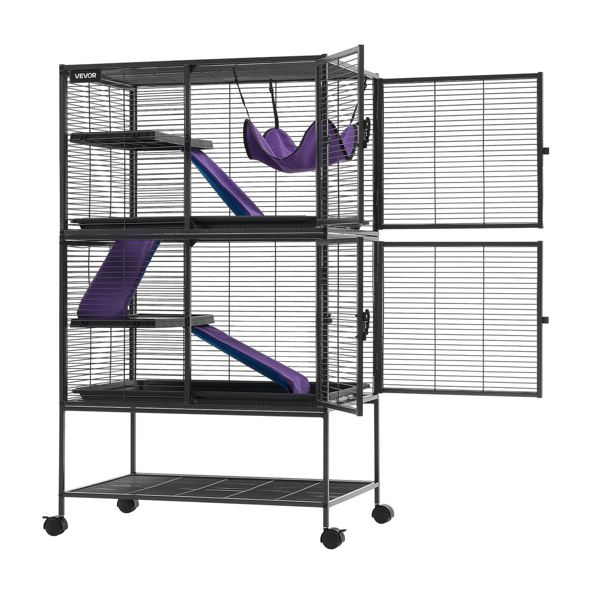 Metal Small Animal Cage 130 cm 4-Tier Rolling Ferret Cage On Wheels, 13.97 mm Wire Spacing Large Cages with Hammock, Ramps, Tray & Doors for Ferret, Chinchilla, Sugar Glider, Guinea Pig, Rabbit