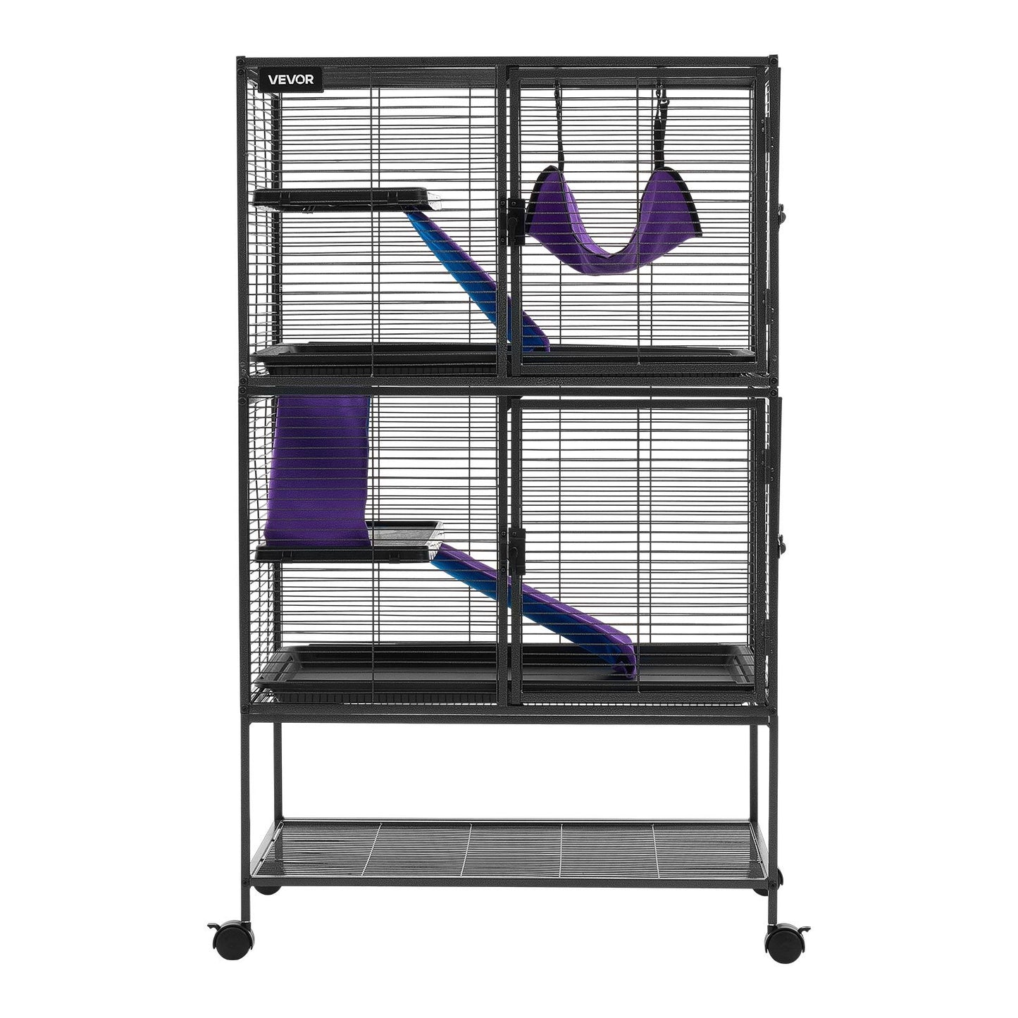 Metal Small Animal Cage 130 cm 4-Tier Rolling Ferret Cage On Wheels, 13.97 mm Wire Spacing Large Cages with Hammock, Ramps, Tray & Doors for Ferret, Chinchilla, Sugar Glider, Guinea Pig, Rabbit