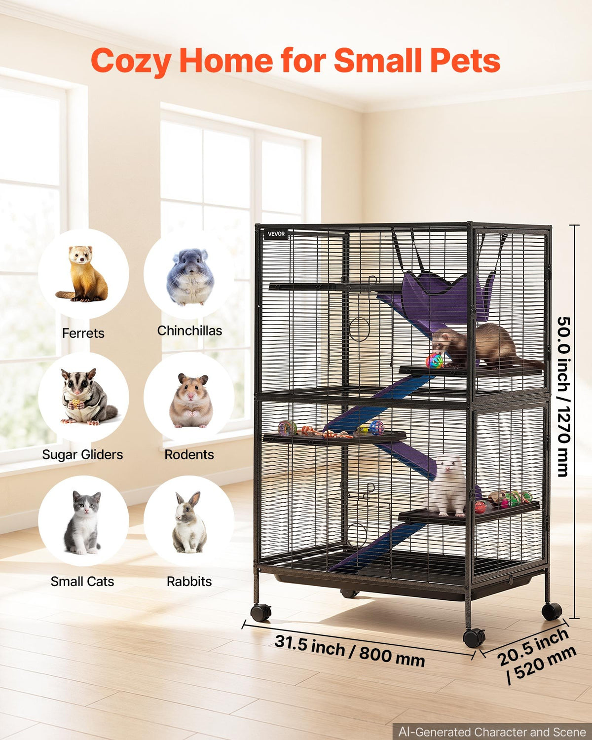 Metal Small Animal Cage 127 cm 5-Tier Rolling Ferret Cage On Wheels, 13.97 mm Wire Spacing Large Cages with Hammock, Ramps, Tray & Doors for Ferret, Chinchilla, Sugar Glider, Guinea Pig, Rabbit