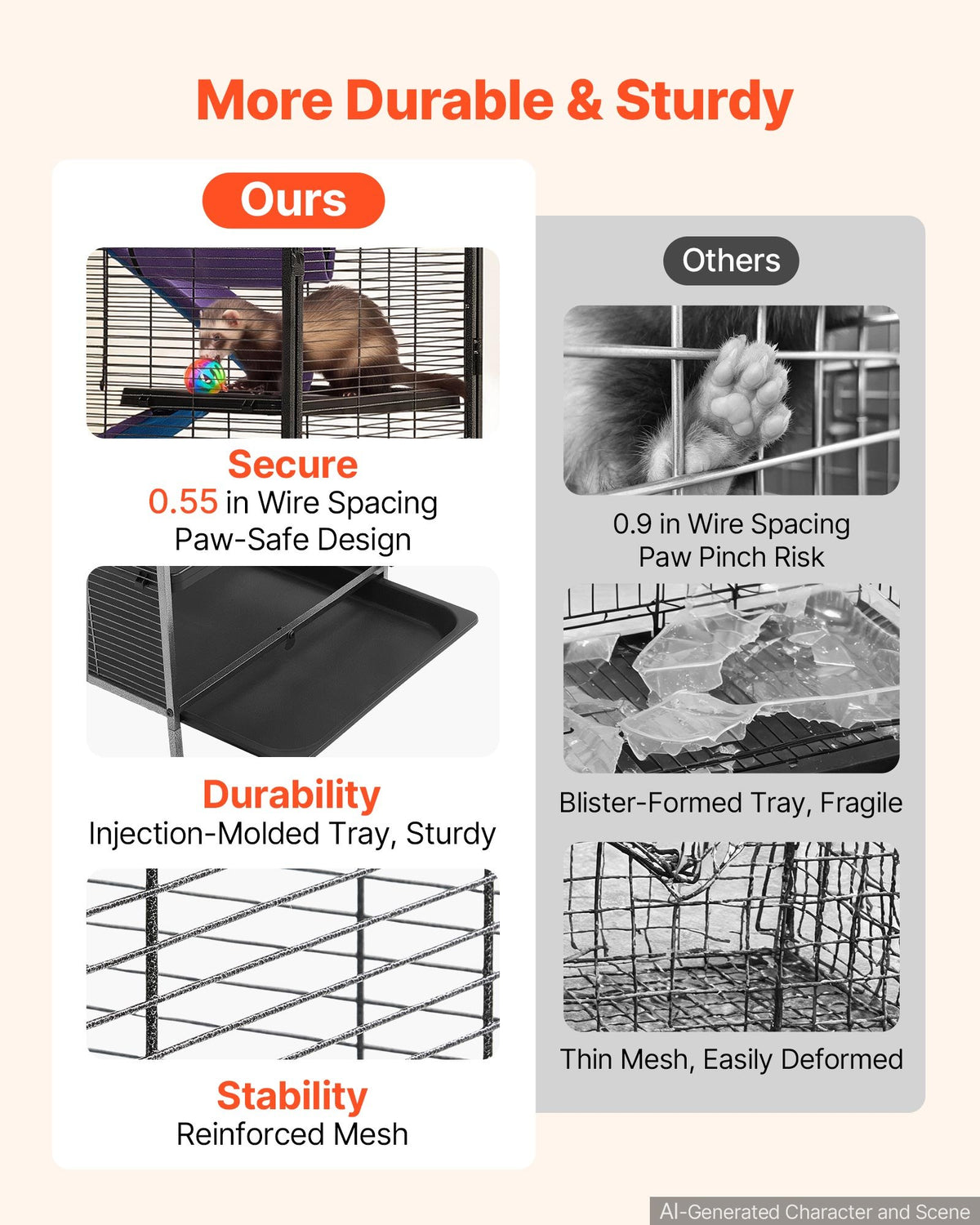 Metal Small Animal Cage 127 cm 5-Tier Rolling Ferret Cage On Wheels, 13.97 mm Wire Spacing Large Cages with Hammock, Ramps, Tray & Doors for Ferret, Chinchilla, Sugar Glider, Guinea Pig, Rabbit