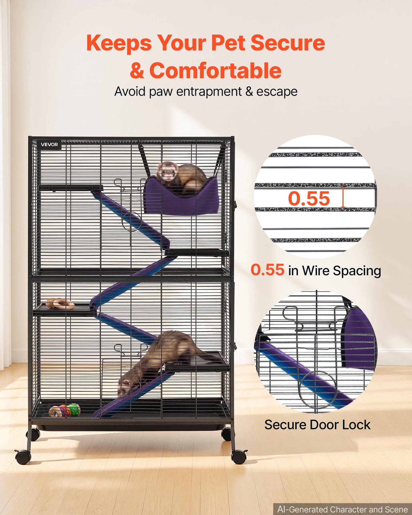 Metal Small Animal Cage 127 cm 5-Tier Rolling Ferret Cage On Wheels, 13.97 mm Wire Spacing Large Cages with Hammock, Ramps, Tray & Doors for Ferret, Chinchilla, Sugar Glider, Guinea Pig, Rabbit