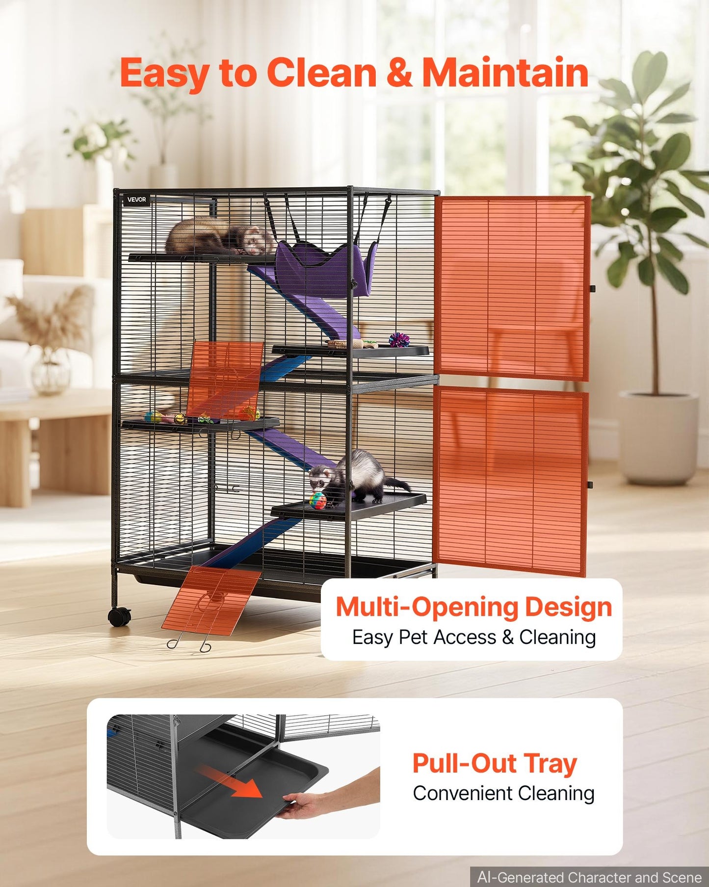 Metal Small Animal Cage 127 cm 5-Tier Rolling Ferret Cage On Wheels, 13.97 mm Wire Spacing Large Cages with Hammock, Ramps, Tray & Doors for Ferret, Chinchilla, Sugar Glider, Guinea Pig, Rabbit