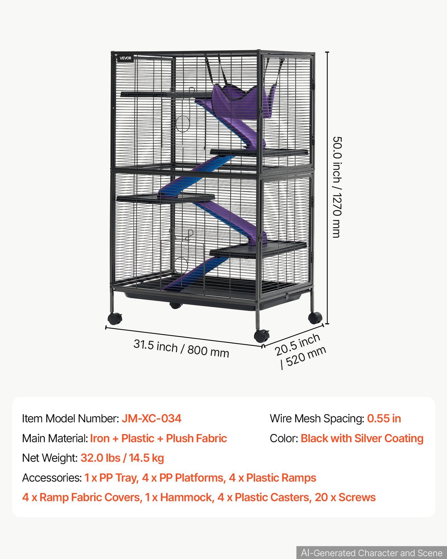 Metal Small Animal Cage 127 cm 5-Tier Rolling Ferret Cage On Wheels, 13.97 mm Wire Spacing Large Cages with Hammock, Ramps, Tray & Doors for Ferret, Chinchilla, Sugar Glider, Guinea Pig, Rabbit
