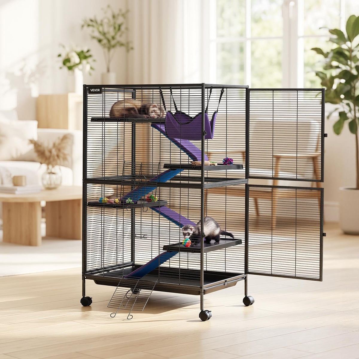 Metal Small Animal Cage 127 cm 5-Tier Rolling Ferret Cage On Wheels, 13.97 mm Wire Spacing Large Cages with Hammock, Ramps, Tray & Doors for Ferret, Chinchilla, Sugar Glider, Guinea Pig, Rabbit